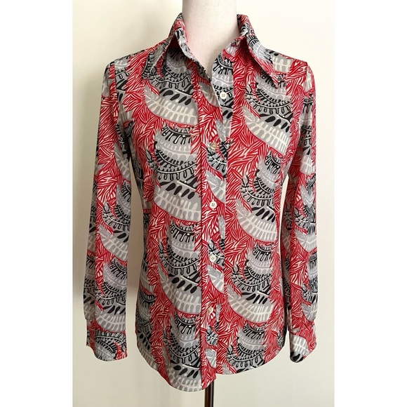 Vintage 70s Bodin Knits Button Shirt Dagger Collar Disco Bold Print Size Small - Picture 1 of 8